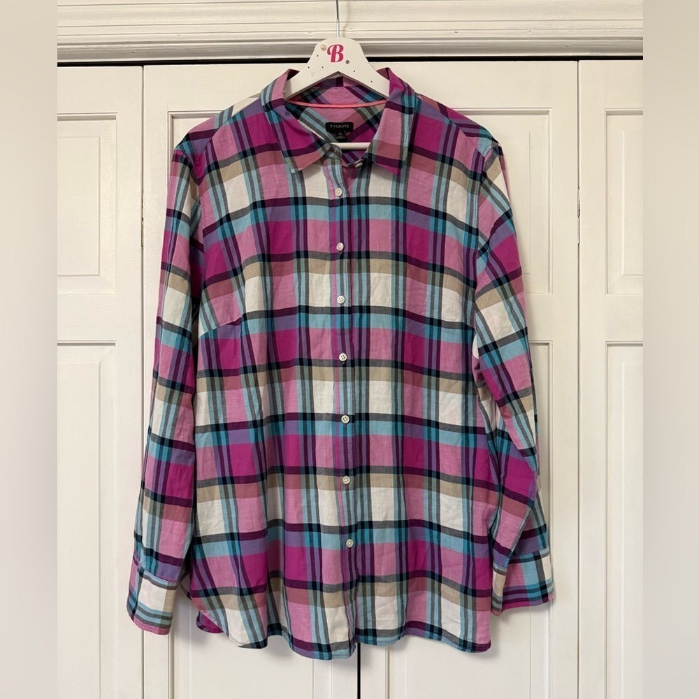 Talbots Multicolor Plaid Button Up Shirt 100% Cotton Modern Contemporary XL